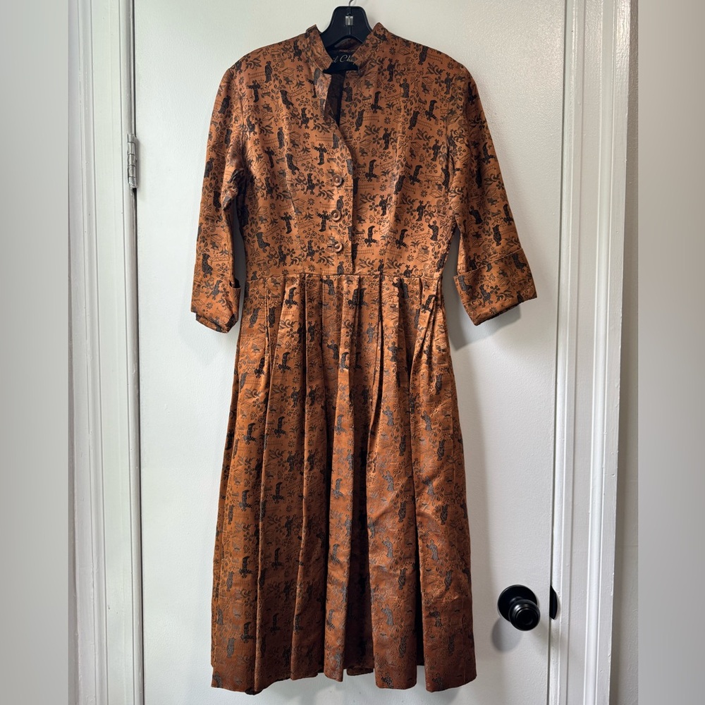 Rera Vintage Ceil Chapman Pleated Copper Brown Dress Size